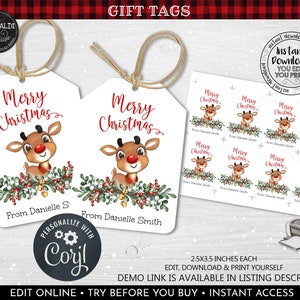 Editable Christmas Gift Tags Christmas Favor Tag Printable Holidays Treat Tag Instant Download Reindeer Tags Rudolph Personalized Tag CH