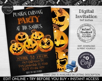 Puede incluir: Una invitación digital para una fiesta de tallado de calabazas en casa de los Smith. La invitación presenta un fondo negro con calabazas naranjas con caras de miedo. El texto "Pumpkin Carving Party at the Smith's" está en blanco. La fecha y la hora de la fiesta se indican como "October 28, 3 to 7 PM". La dirección es "1969 Halloween Dr, Fort Lauderdale FL 12345". El número de RSVP es "123 456-7890". El texto "Bring you own pumpkin" está en una fuente más pequeña en la parte inferior de la invitación.
