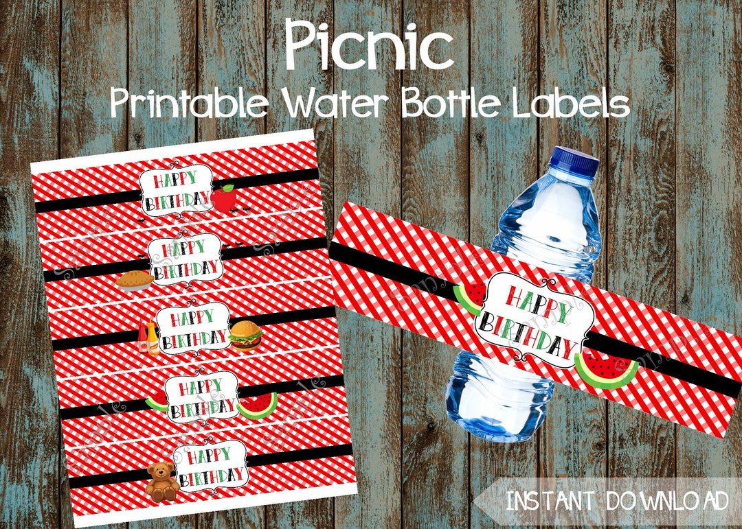 Picnic Party Water Bottle Labels, Picnic Party Printable Water Labels, Picnic Birthday Party