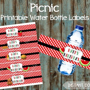 Picnic Party Water Bottle Labels, Picnic Party Printable Water Labels, Picnic Birthday Party Decorations, Picnic Theme Party Supplies