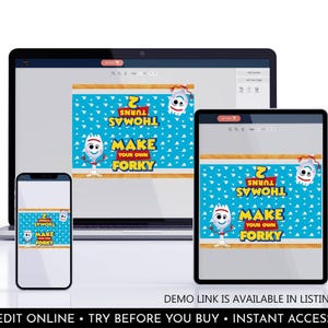 May include: A digital party supply template displayed on a laptop, tablet, and smartphone screen. The design features a blue background with white clouds, the text "THOMAS TURNS 2" and "MAKE YOUR OWN FORKY," and a cartoon character illustration.