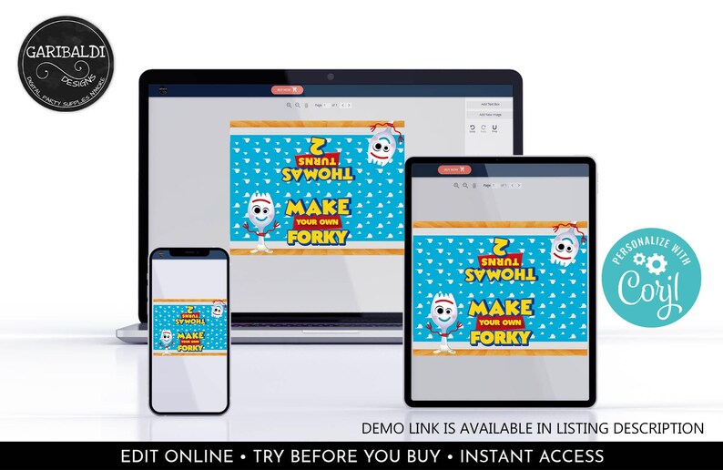 May include: A digital party supply template displayed on a laptop, tablet, and smartphone screen. The design features a blue background with white clouds, the text "THOMAS TURNS 2" and "MAKE YOUR OWN FORKY," and a cartoon character illustration.