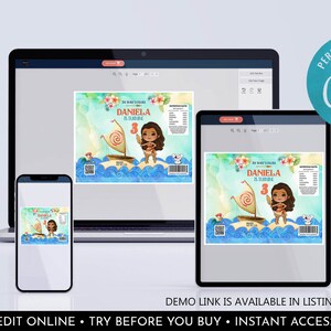 May include: A digital mockup of a printable Moana-themed party favour label. The label features a cartoon image of Moana on a boat with a blue and green ocean background. The text "DANIELA IS TURNING 3" is displayed on the label.