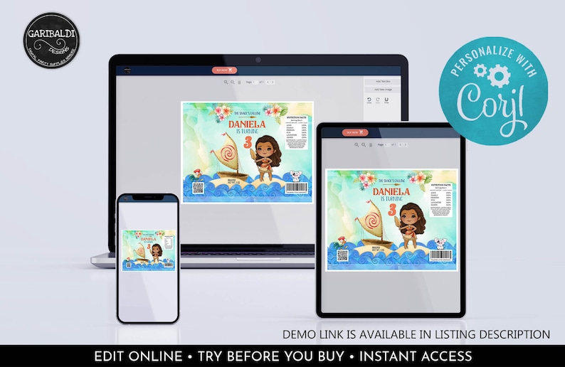 May include: A digital mockup of a printable Moana-themed party favour label. The label features a cartoon image of Moana on a boat with a blue and green ocean background. The text "DANIELA IS TURNING 3" is displayed on the label.