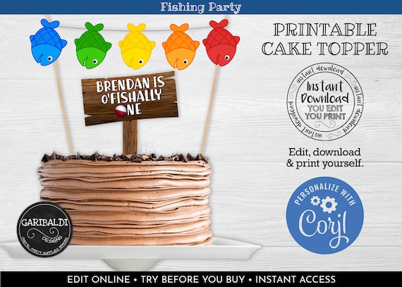 Editable Fishing Cake Topper, Printable Fishing Cake Topper, Gone