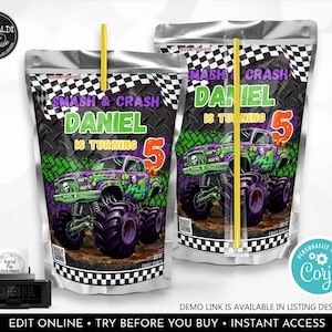 May include: Two silver juice box labels with a monster truck design. The labels feature a green and purple monster truck with the text "Smash & Crash Daniel is turning 5".