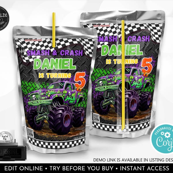 Monster Truck Juice Pouch Labels Editable Monster Truck Birthday Party Supplies Table Decor Cars Favors Printable Digital Download Corjl MT