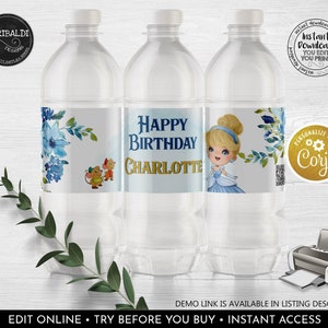 Editable Cinderella Water Bottle Labels Once Upon a Time Princess Birthday Royal Party Decorations Download Favors Digital Template Corjl CP