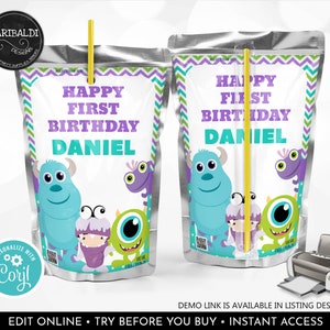 Editable Monsters Juice Pouch Labels Little Monster Capri Sun Template Monsters Birthday Party Baby Shower Table Decor Digital Download DMI