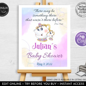 Editable Baby Shower Welcome Sign Mrs. Potts and Chip Decorations Something there Tea Party Printable Digital Download Template Corjl MPC