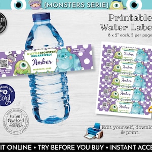 Editable Water Bottle Labels Template Printable Monster Water Bottle Labels Little Monsters Labels Monster Baby Shower Decorations MINC