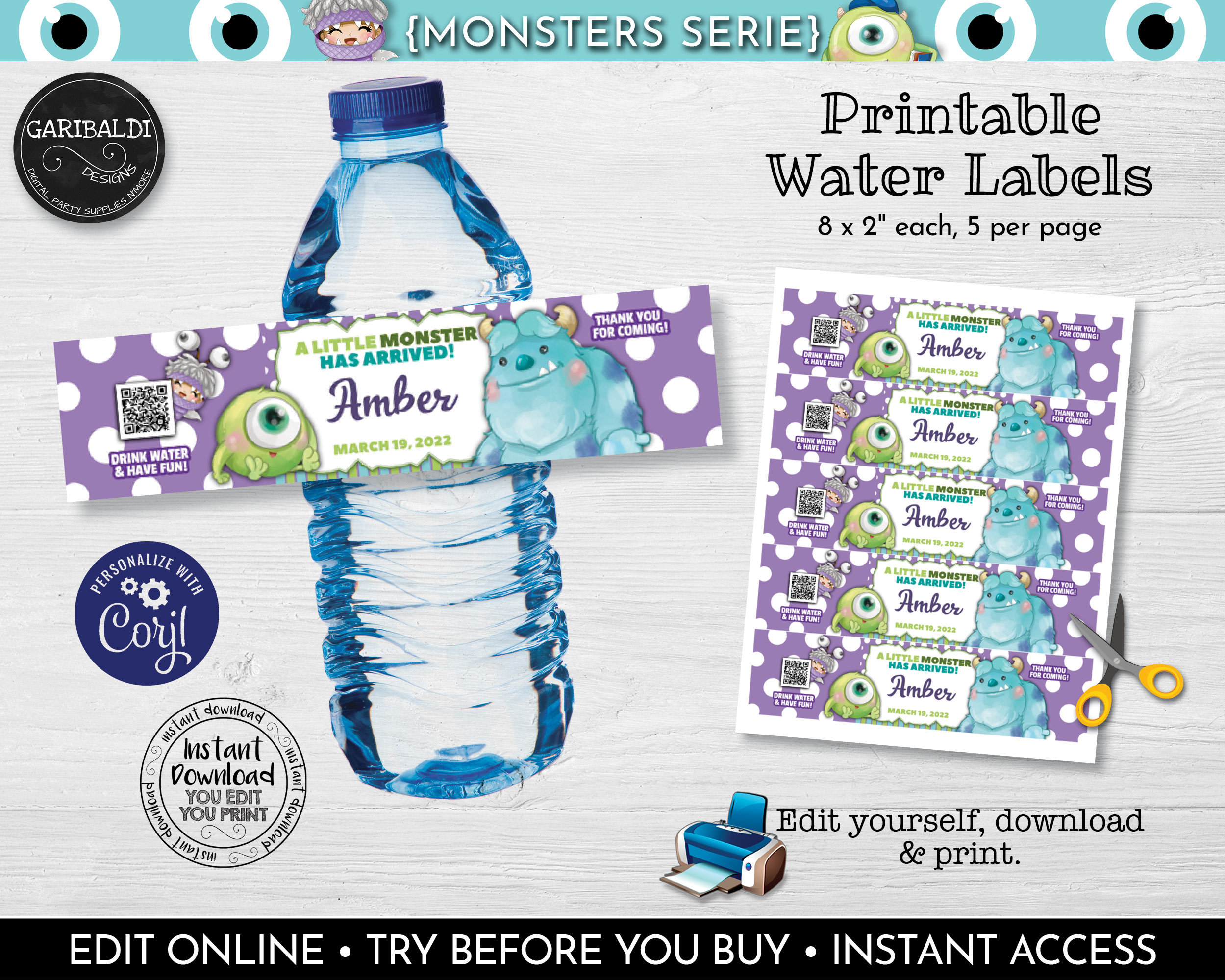 Editable Water Bottle Labels Template Printable Monster Water Bottle Labels Little Monsters Labels Monster Baby Shower Decorations MINC