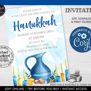 Editable Hanukkah Invitation Printable Hanukkah Party Instant Download Lighting Hanukkah Celebration Chanukah Invite Menorah Invite 2 HK