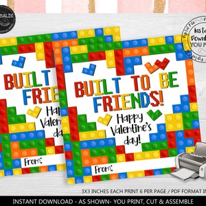 Building Blocks Valentine's Day Card Built to Be Friends Valentine's Bricks Gift Tag Kids Clarssroom Teacher School Printable Valentines VL