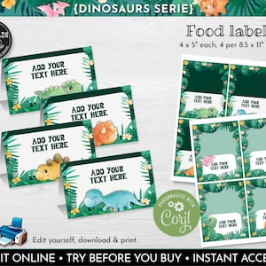 Editable Dinosaurs Food Labels Instant download Food Tags Printable Buffet Tent Card Place Cards Template Dinosaurs Party Supplies DW1