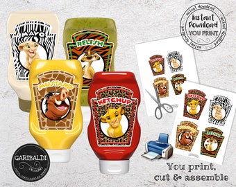 Instant download Lion Condiment Labels Printable Mayo Ketchup Mustard Relish Condiment Bottle Labels Birthday Party Supplies Decorations DLK