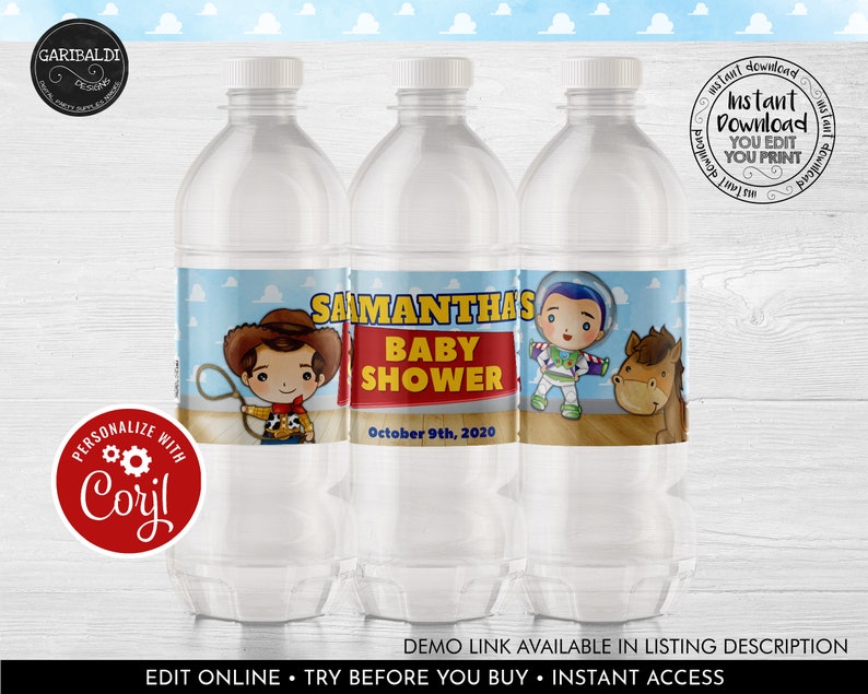 May include: Three clear plastic water bottles with labels featuring a cartoon image of Woody and Buzz Lightyear from the Toy Story movie franchise. The labels are blue, red, and white with the text "Samantha's Baby Shower" and "October 9th, 2020".