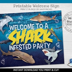 Printable Shark Welcome Sign Shark Birthday Party Sign Shark Birthday Sign Shark Party Sign Shark Zone Sign Shark Party Decorations SH01