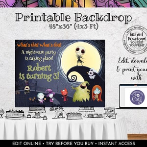 Puede incluir: Tel&oacute;n de fondo imprimible con personajes de Pesadilla antes de Navidad. El tel&oacute;n de fondo mide 122 cm por 91 cm y presenta una luna, Jack Skellington, Sally y otros personajes. El texto en el tel&oacute;n de fondo dice "what's this! what's this! A nightmare party is taking place! Robert is turning 3!"