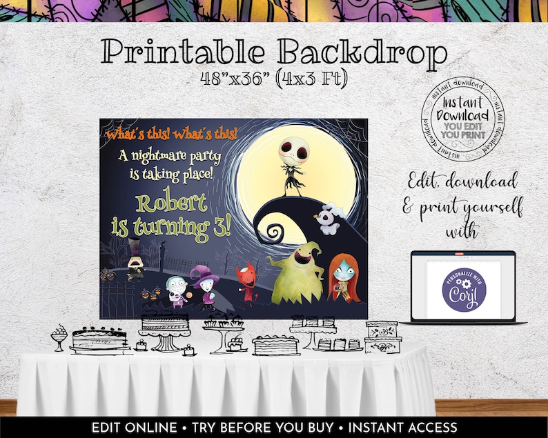 Puede incluir: Tel&oacute;n de fondo imprimible con personajes de Pesadilla antes de Navidad. El tel&oacute;n de fondo mide 122 cm por 91 cm y presenta una luna, Jack Skellington, Sally y otros personajes. El texto en el tel&oacute;n de fondo dice "what's this! what's this! A nightmare party is taking place! Robert is turning 3!"