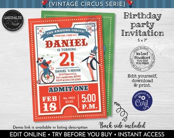 Editable Circus Invitation Printable Circus Invite Vintage Circus Ticket Invitation Carnival Birthday Invitation Circus Birthday Party VC01