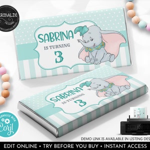 Editable Dumbo Candy Bar Wrapper Mint Elephant Baby Shower Chocolate Bar Label Party Decor Digital Download Printable Corjl Template GDM