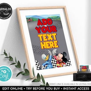 Editable Mickey Roadster Racers Custom Sign Racing Cars Custom Poster ...
