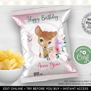 May include: A pink and white chip bag with a watercolor illustration of a fawn with flowers. The bag says "Happy Birthday" and "Anna Grace".