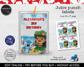 Editable Lilo & Stitch Juice Pouch Labels Printable Luau Juice Labels Hawaiian Party Supplies Instant download Stitch Party Favors LSW