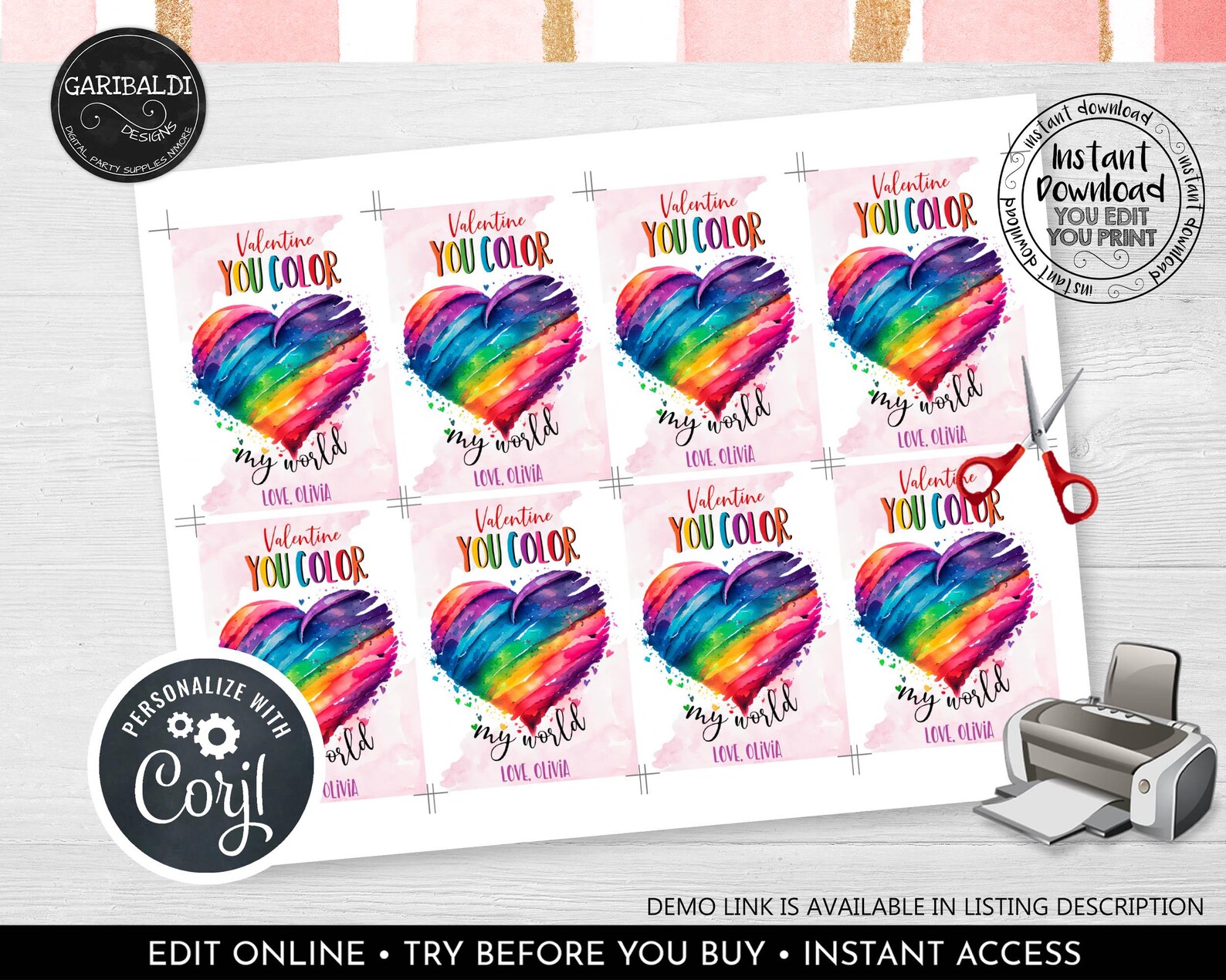 Editable Valentine's Day Card You Color My World Valentines Day Tag ...