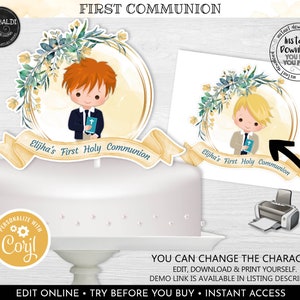 Editable First Communion Cake Topper Printable First Holy Communion Decorations Boy First Communion Centerpieces Communion Party Supplies FC
