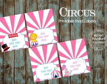 Etiketter för cirkusmat, rosa redigerbara mattältskort för cirkus, utskrivbara placeringskort för cirkus, gör-det-själv-matetiketter för cirkus, matkort för karneval