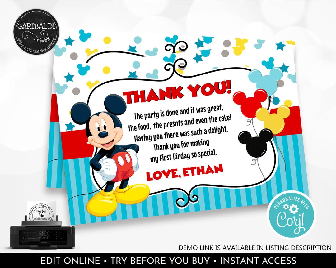 Mickey Thank You Card Mickey 1st Birthday Thank You Card Mickey Fun to ...