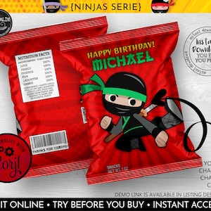 Editable Chip bag Template Ninja Chip Bags Wrapper Instant Download Birthday Party Supplies Printable Favors Wrappers Party Snacks 1 NJA