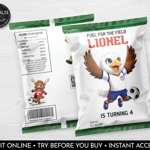 May include: Two white snack bags with green trim. One bag features a cartoon eagle in a soccer uniform, the name LIONEL, and the text FUEL FOR THE FIELD IS TURNING 4. The other bag shows a cartoon moose, nutrition facts, and a barcode.