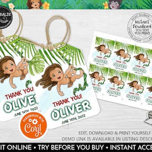 Editable Wild One Favor Tags, Jungle Boy Thank you Tags, Jungle Birthday Party Tags, Printable Safari Animals Tags, Gift Tags Template TZN