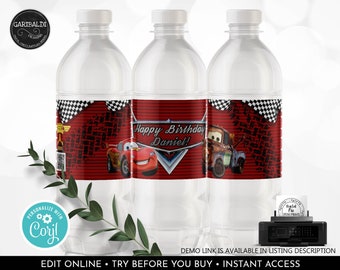 Editable Racing Cars Water Bottle Labels Radiator Springs Favor Tags Cars Decor Birthday Party Supplies Printable Digital Download Corjl DCR