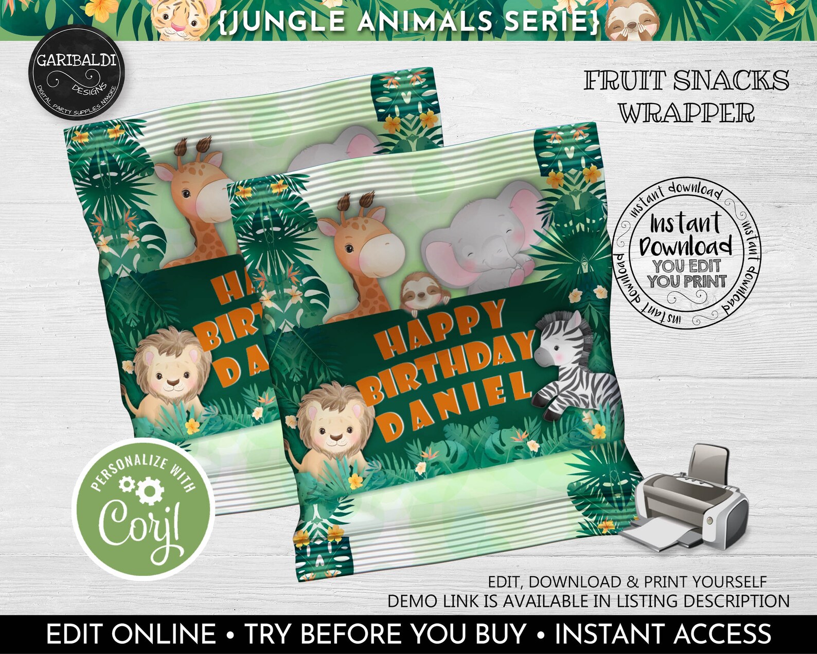 Snacks Rappers Design Editable Safari Fruit Snacks Wrapper, Printable Jungle Party Favor ...