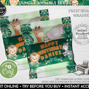 Editable Safari Fruit Snacks Wrapper, Printable Jungle Party Favor ...