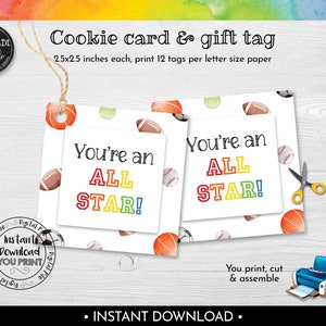 You&#39;re an all Star Favor tag, You are an All Star Cookie card, Sports Gift Tag, Instant download You&#39;re an all Star Tag, Coach Gift Tag VL