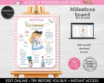 Editable Alice in Wonderland Milestone Board Pink Alice in Wonderland First Birthday Poster Instant Download Onederland Birthday Board AWL1