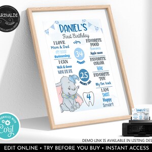 Editable Dumbo Milestone Board Dumbo First Birthday Board Dumbo Chalkboard Poster DIY Milestone Sign Download Corjl Template Printable GDB