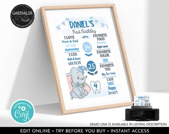 Editable Dumbo Milestone Board Dumbo First Birthday Board Dumbo Chalkboard Poster DIY Milestone Sign Download Corjl Template Printable GDB
