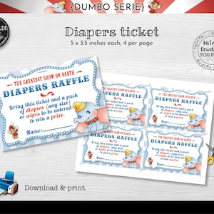 Peut inclure: Quatre billets de tombola pour couches imprimables bleus et rouges avec un dessin animé de Dumbo et le texte "The Greatest Show on Earth - Diapers Raffle". Apportez ce billet et un paquet de couches (toute taille) ou des lingettes pour être inscrit et gagner un prix. Nom : 5 x 3,5 pouces chacun, 4 par page. Téléchargement instantané Vous imprimez.