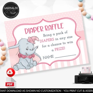 Pink Dumbo Diapers Request Card Pink Baby Diaper Raffle Ticket Pink Elephant Bring Diapers Game Insert Card Pink Baby Shower Party Games GDP