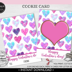 Valentine&#39;s Day Cookie Card, Happy Valentine&#39;s Day Cookie Card, Instant download 3.5&quot;x5&quot; Cookie Card, Printable Hearts Mini Cookie Card VL