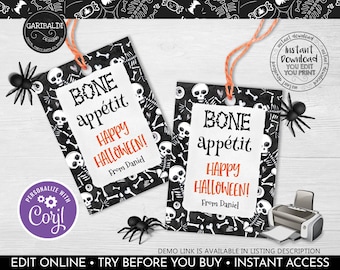 Editable Halloween Bone Appétit Gift Tag Skeleton Bones Tag Halloween Trick Or Treat Label Instant Download Halloween Party Favor Tag HW