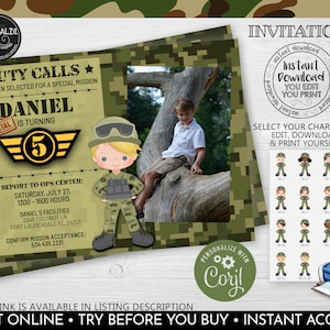 Editable Army Birthday Party Invitation Instant Download Solider Photo Invitation Military Party Printable Camouflage Troops Invite 4 SA