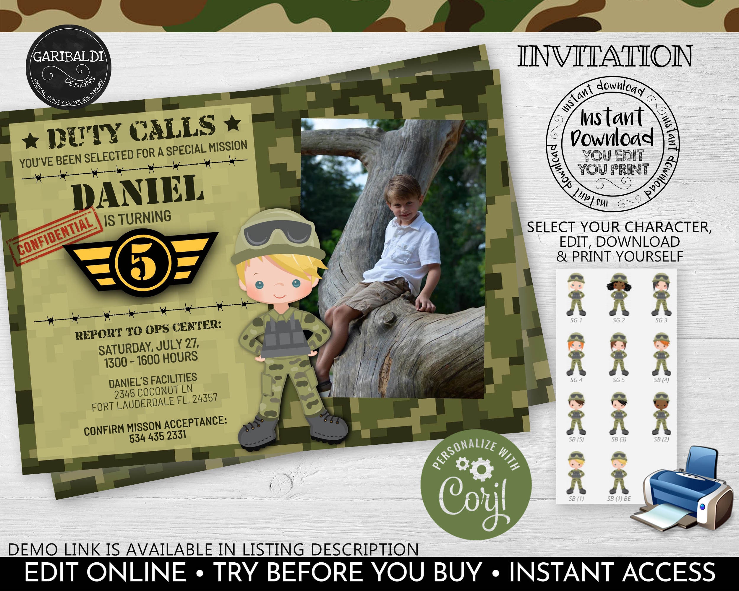 Editable Army Birthday Party Invitation Instant Download Solider Photo ...