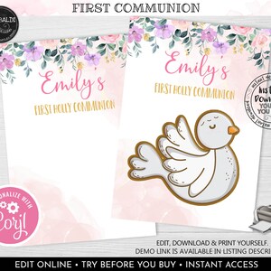 Editable First Holy Communion Cookie Card, Printable First Communion Favor Tag, Instant download Pink Floral First Communion Cookie Card FC